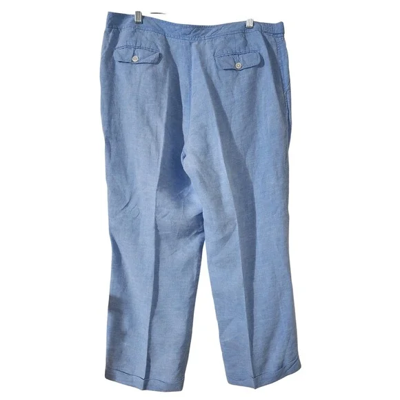 Lands' End Linen Cropped Pants Blue Lightweight Summer Casual Size 14P - Picture 2 of 6